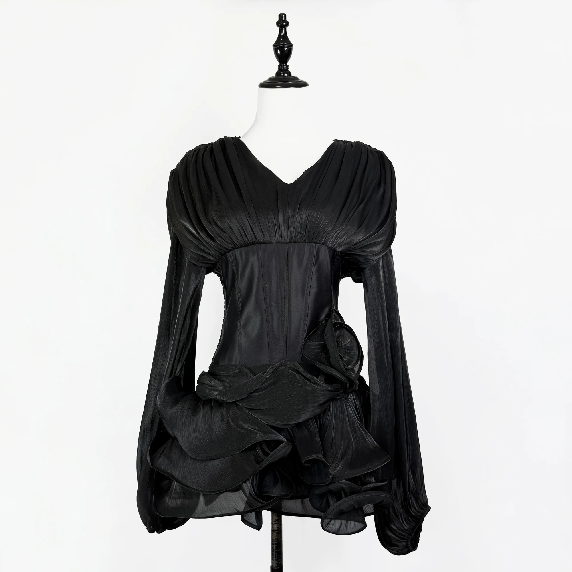 Luxury Satin Solid Slimming Ball Gown Dress for Women's V-Neck Long Sleeve Patchwork 3D Flower Zipper Mini Dress Female Clothes