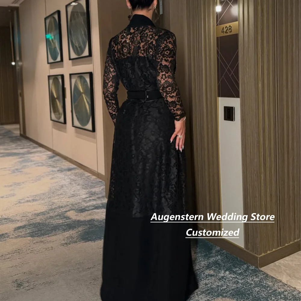 Customized Black Jersey Two Piece Lace Long Sleeve Rhinestone Mother Of The Bride Gown Open Coat Slit Maxi Formal Evening Dress