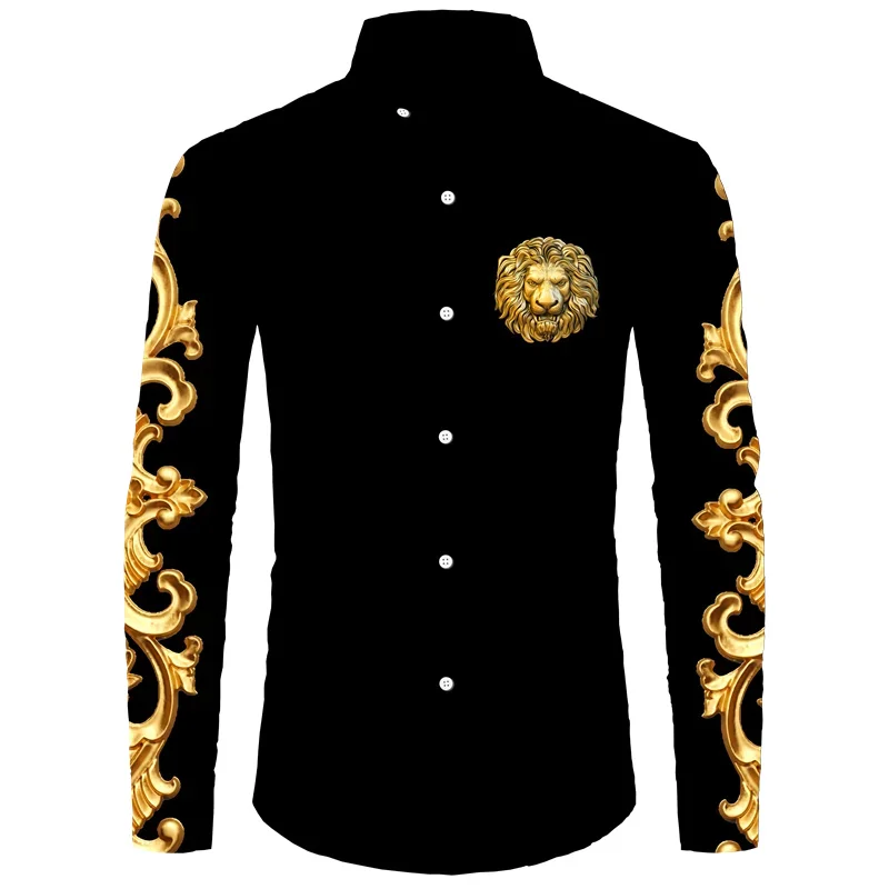 Men's business casual 3D printed gold lion head effect shirt long sleeved shirt classic domineering slim fit travel office fashi