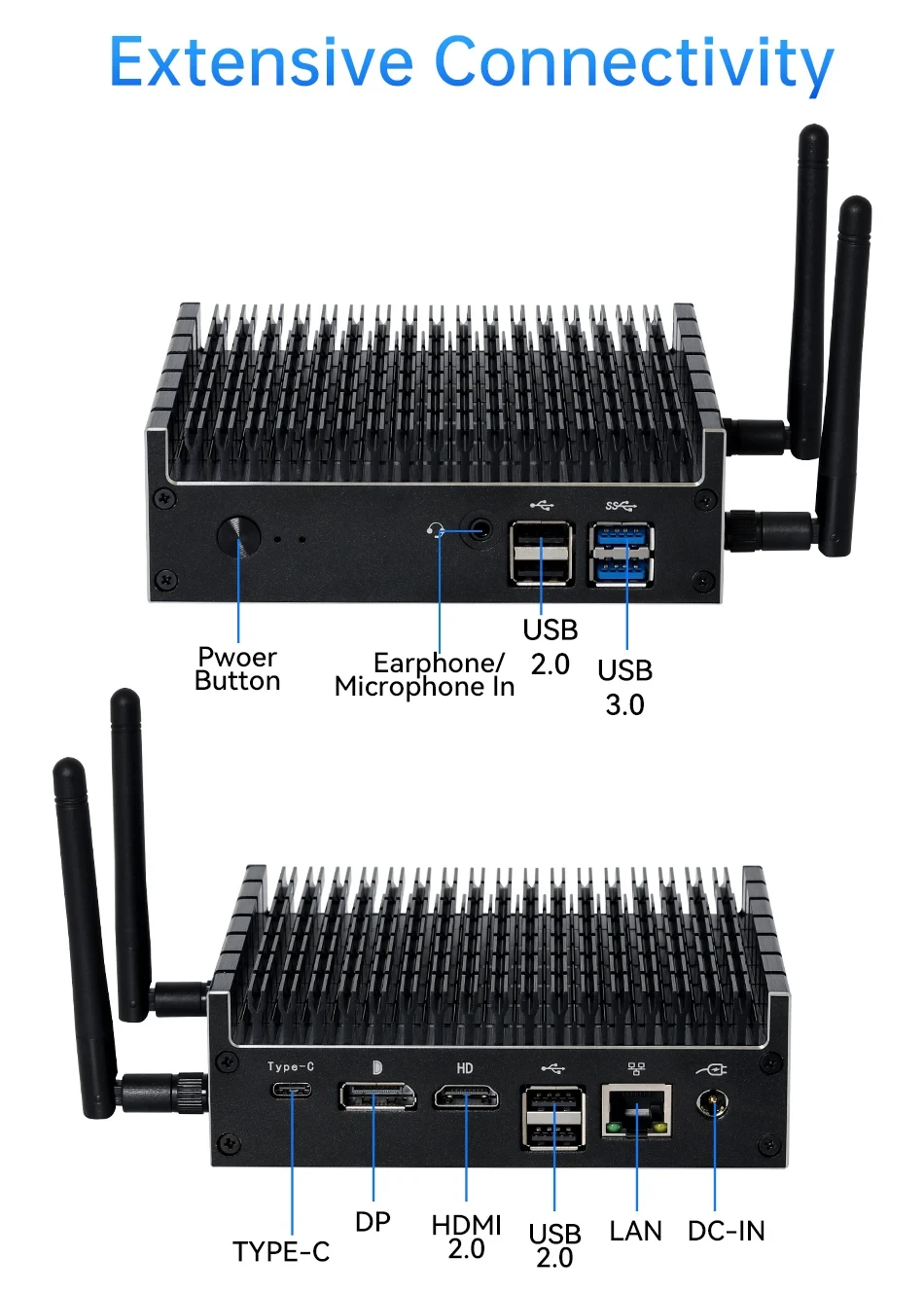 Mini Pc Industriële Fanless Computer Intel Pentium 5405u Dr 4 M.2 Ngff Ssd 4K Uhd Wifi Bluetooth Windows 11/10 Linux Barebone