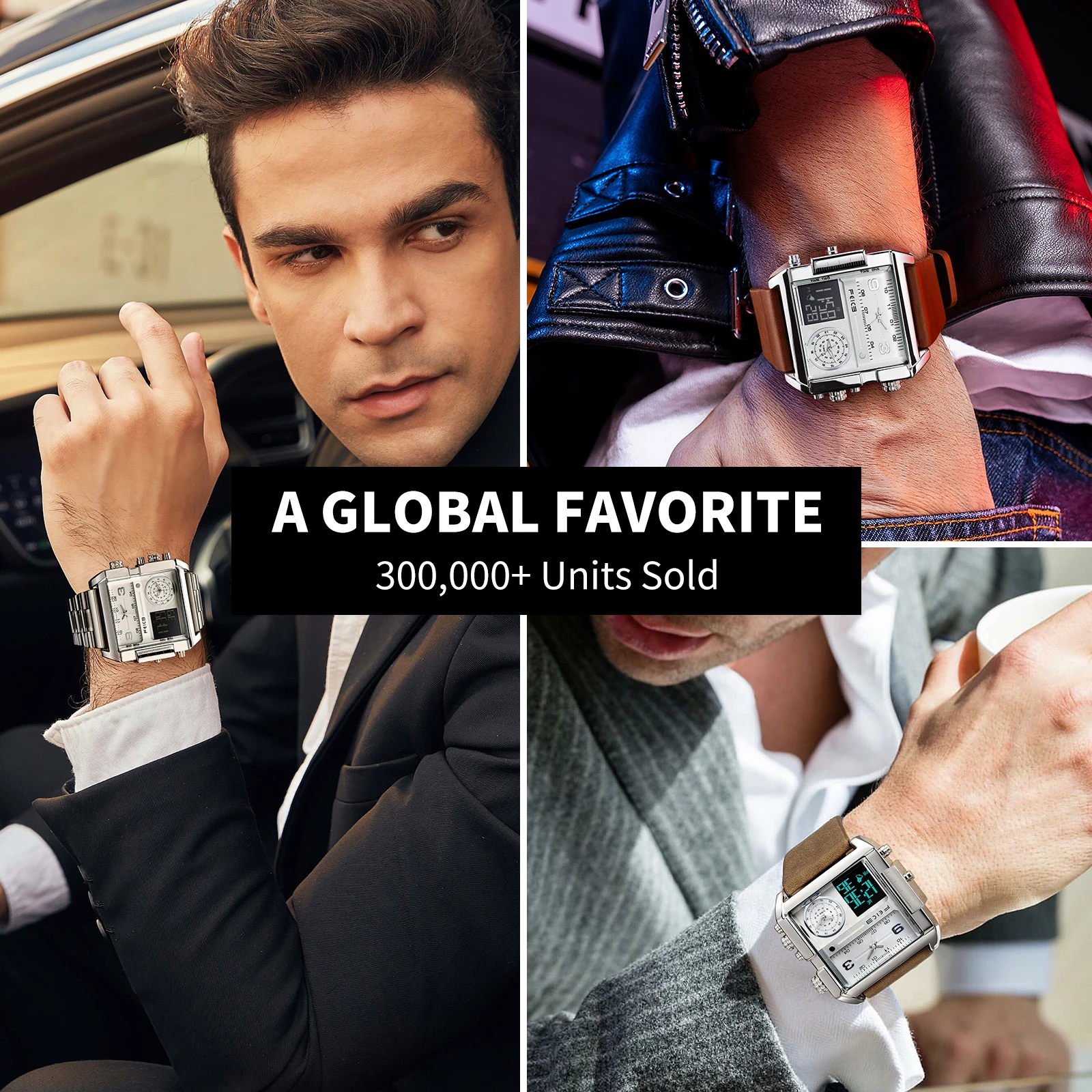 FEICE Watches for Men Big Dial Digital LED Analog Quartz Waterproof Wristwatch Business Men’s Watch Square Leather Band FK030