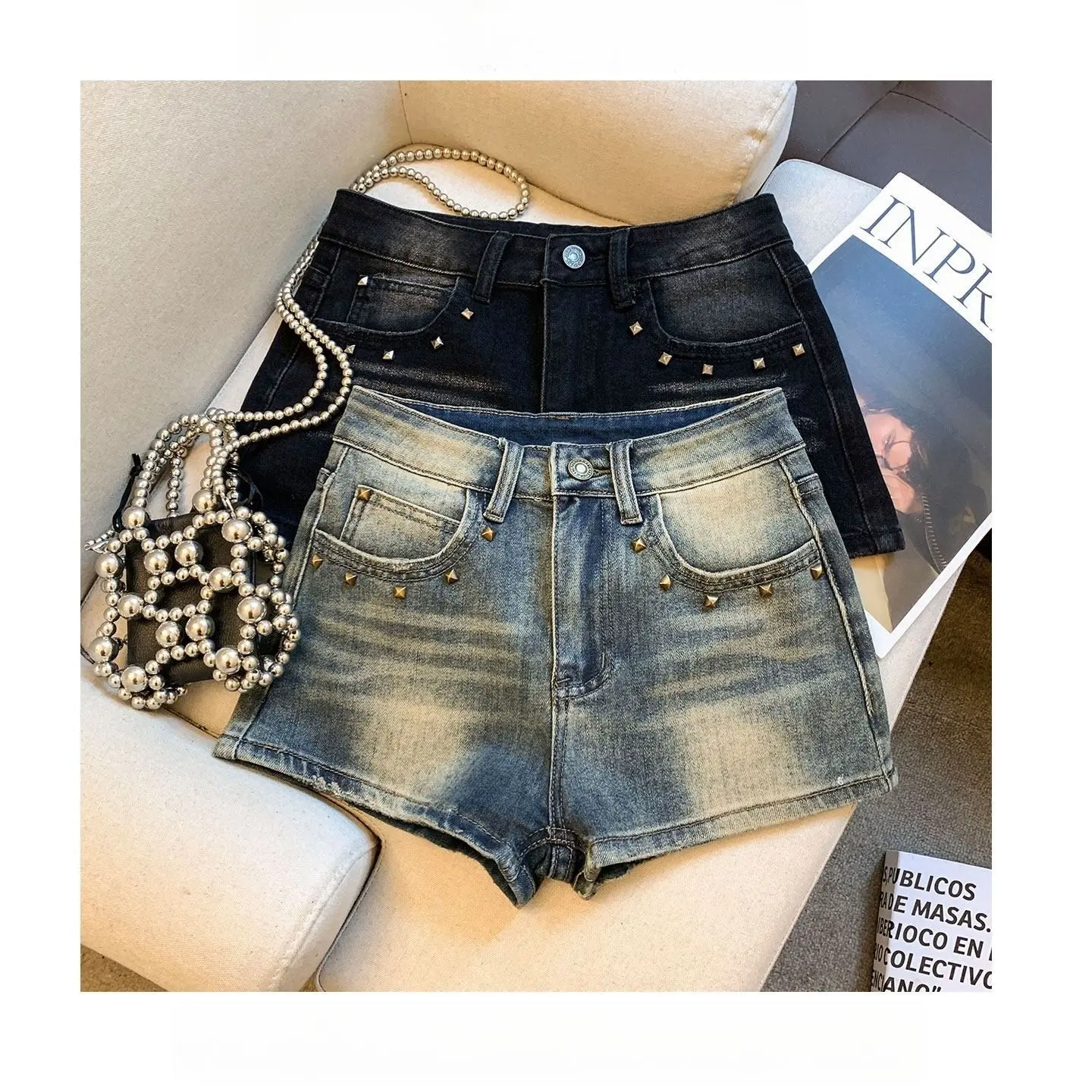American Spice Girl Rivet Jeans High Waist Shorts Women's Summer Skinny Hip Wrap Super Short Hot Pants