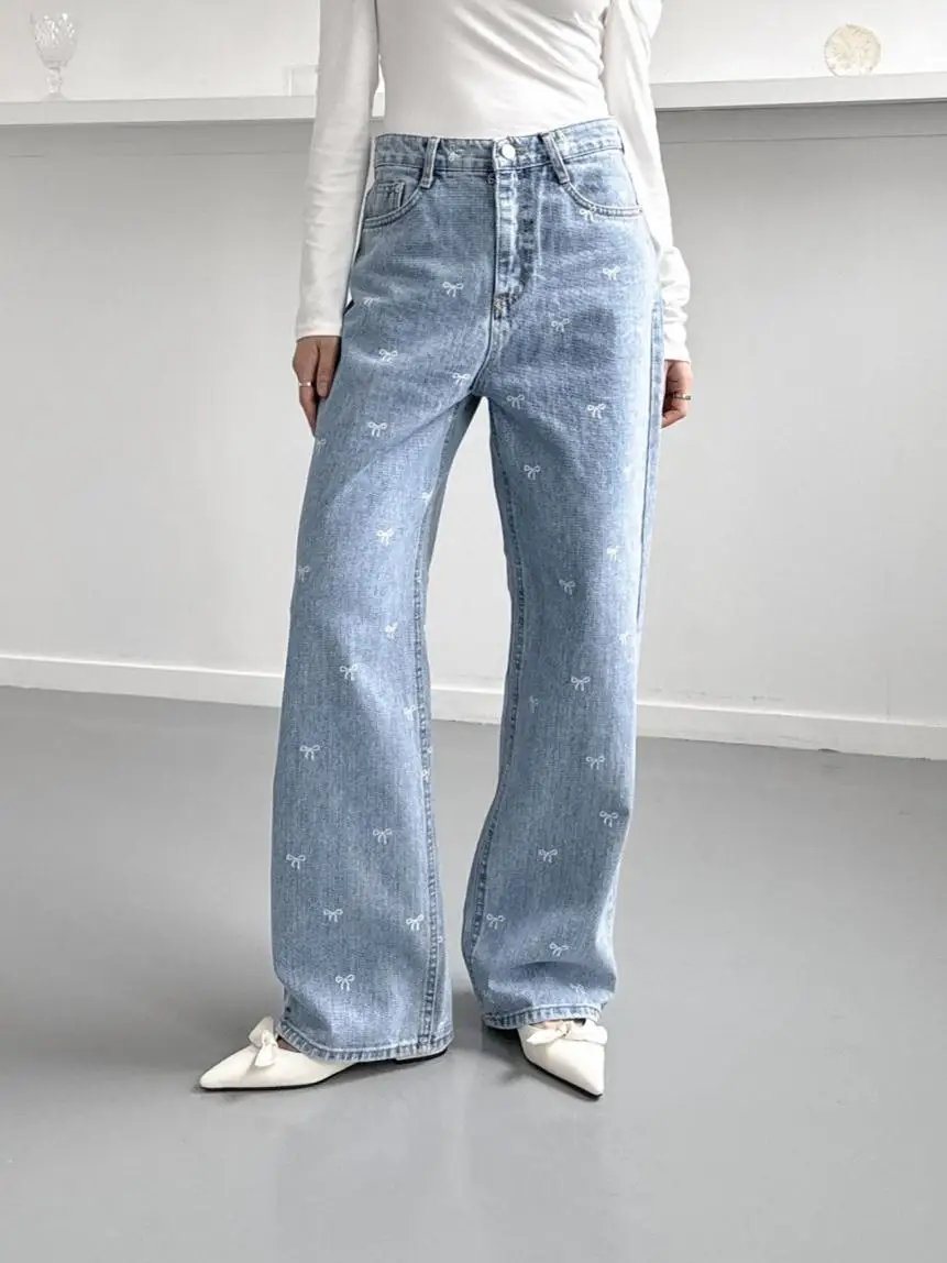 

Retro Washed High Waist Loose Straight Cut Denim Jeans for Women with Knot Print Casual Long Trousers Trendy