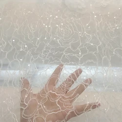 130CM Wide Ivory Allover Rose Flowers Embroidery with Transparent Sequins Sparkly Lace Fabric Lady Dress Sewing Material