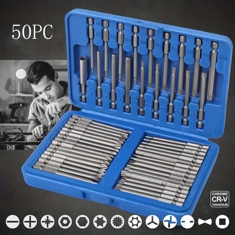 50pcs Extra Long Electric Screwdriver Bits Set - w/ U-Type/Phillips/Slotted/Torx Bits, Extension Rods & Adapters