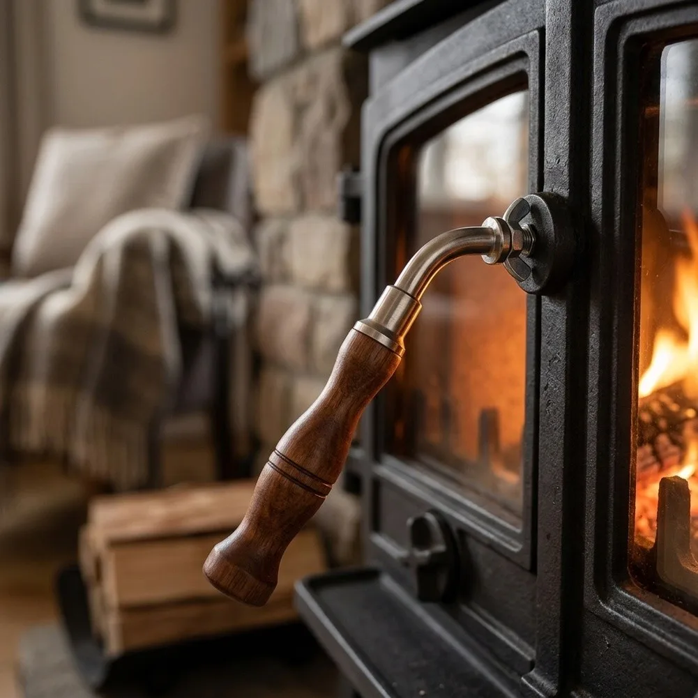 Fireplace Handle Compatible with Most Wood Stoves and Pellet Ovens Featuring M8 Thread and Ergonomic Wood Grip