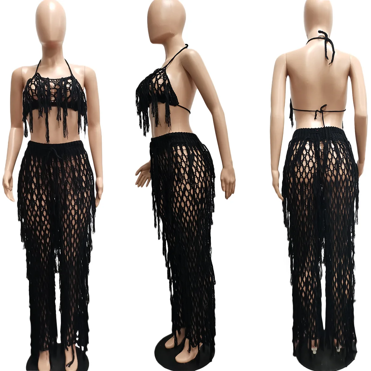 Women's 2023 Summer Halter Neck Halter Top + Wide-leg Loose Trousers Knitted Tassel Sexy Two-piece Vacation Beach Suit