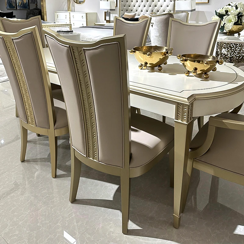 Luxury French Cream White Solid Wood Dining Table with Hand Carved Floral Motif Top