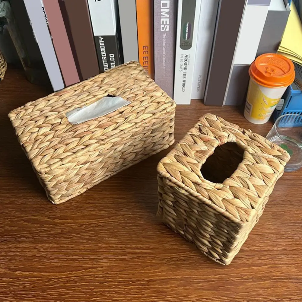 Tissue Box Holder Water Hyacinth Handwoven Straw Basket Natural Wicker Napkin Dispenser Facial Tissue Organizer Rustic Decor