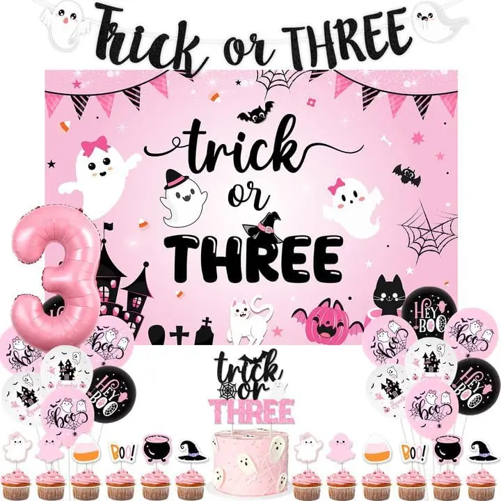 Sursurprise Halloween Girls Trick or Three Backdrop Banner Cake Topper, Pink Black Ghost Balloons 3rd Birthday Party Supplies