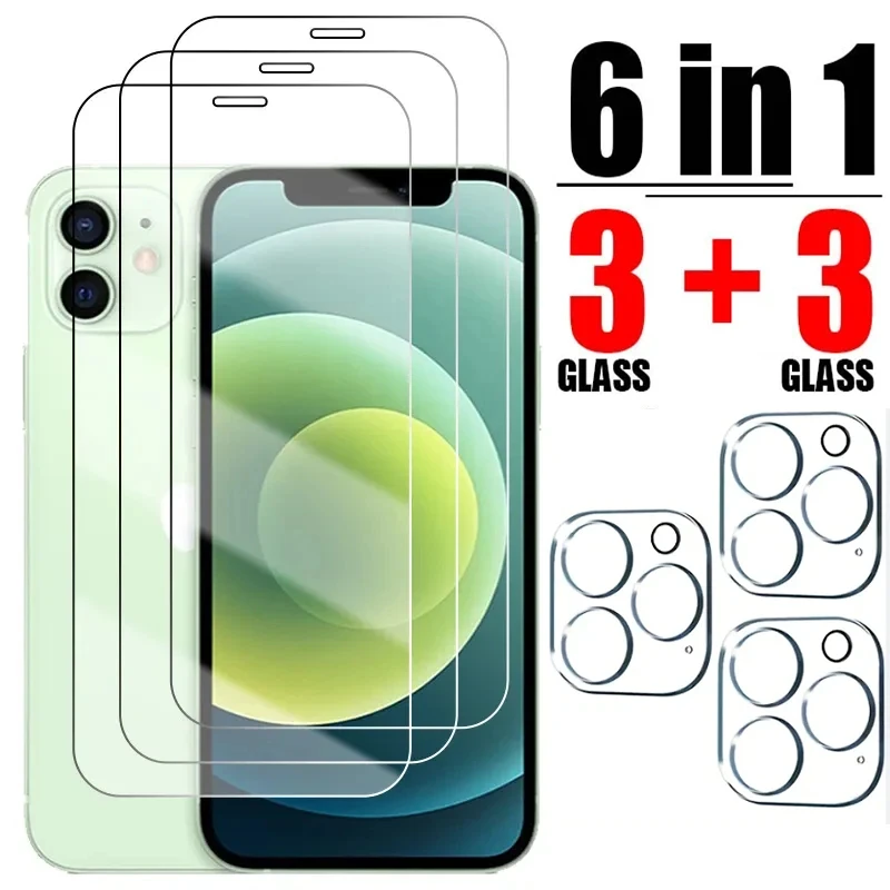 6IN1 Tempered Glass For iPhone 14 13 12 11 15 Pro Max Camera Screen Protector For iPhone 13 12 14 Plus 11 12 13 14 15 Pro Glass