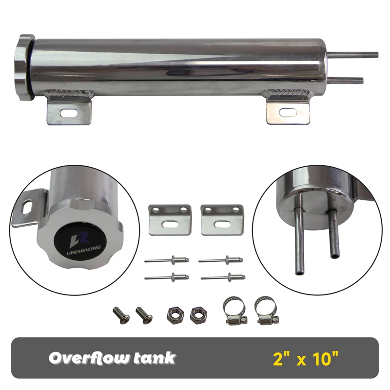 Universal 2x10 inch 14 Ounces Polished Alunimum Radiator Overflow Tank Catch Can with Mount Bracket