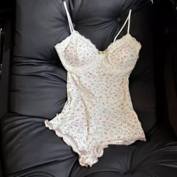 Women Sexy  Floral Print Bodysuit Lace Trim Sleeveless Slim Fit Leotard Summer Jumpsuit Romper Sexy Underwear Nightwear Lingerie