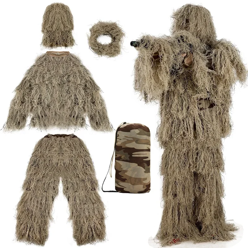 

3D маскировочные костюмы Ghillie Yowie снайпская куртка, брюки, повязка на голову, охотничья одежда, камуфляж для пустыни, мужские охотничьи костюмы, игра для косплея