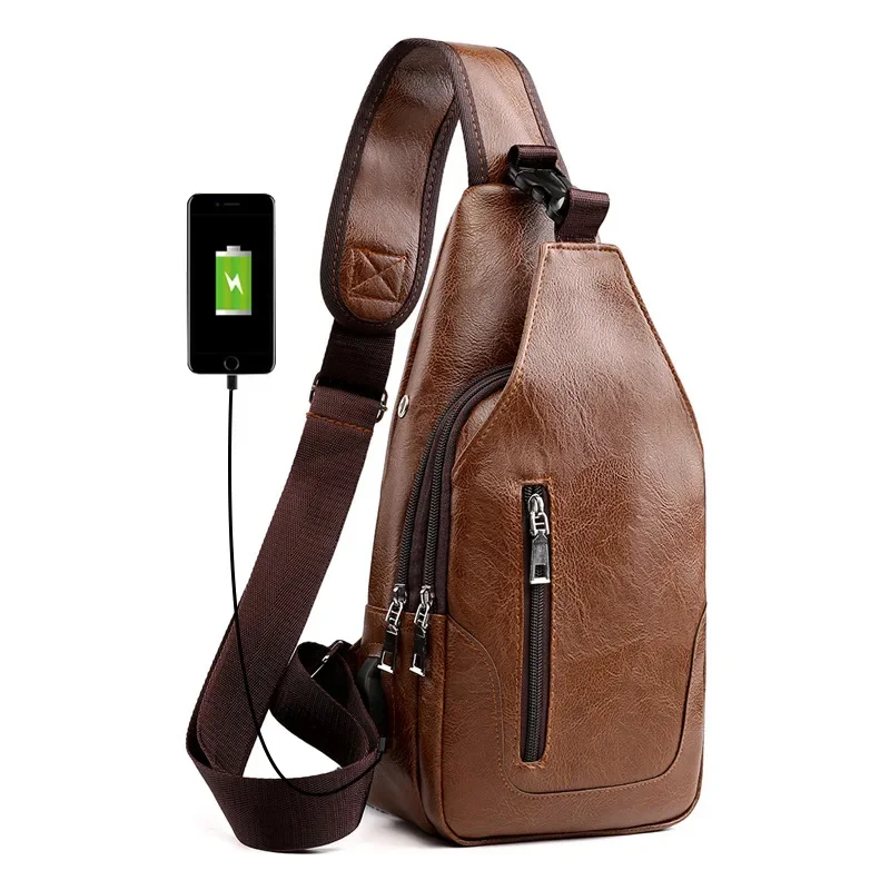 Multifunction USB Charging Men's Fashion PU Leather Crossbody Shoulder Male Chest Pack Sports Sling Bag