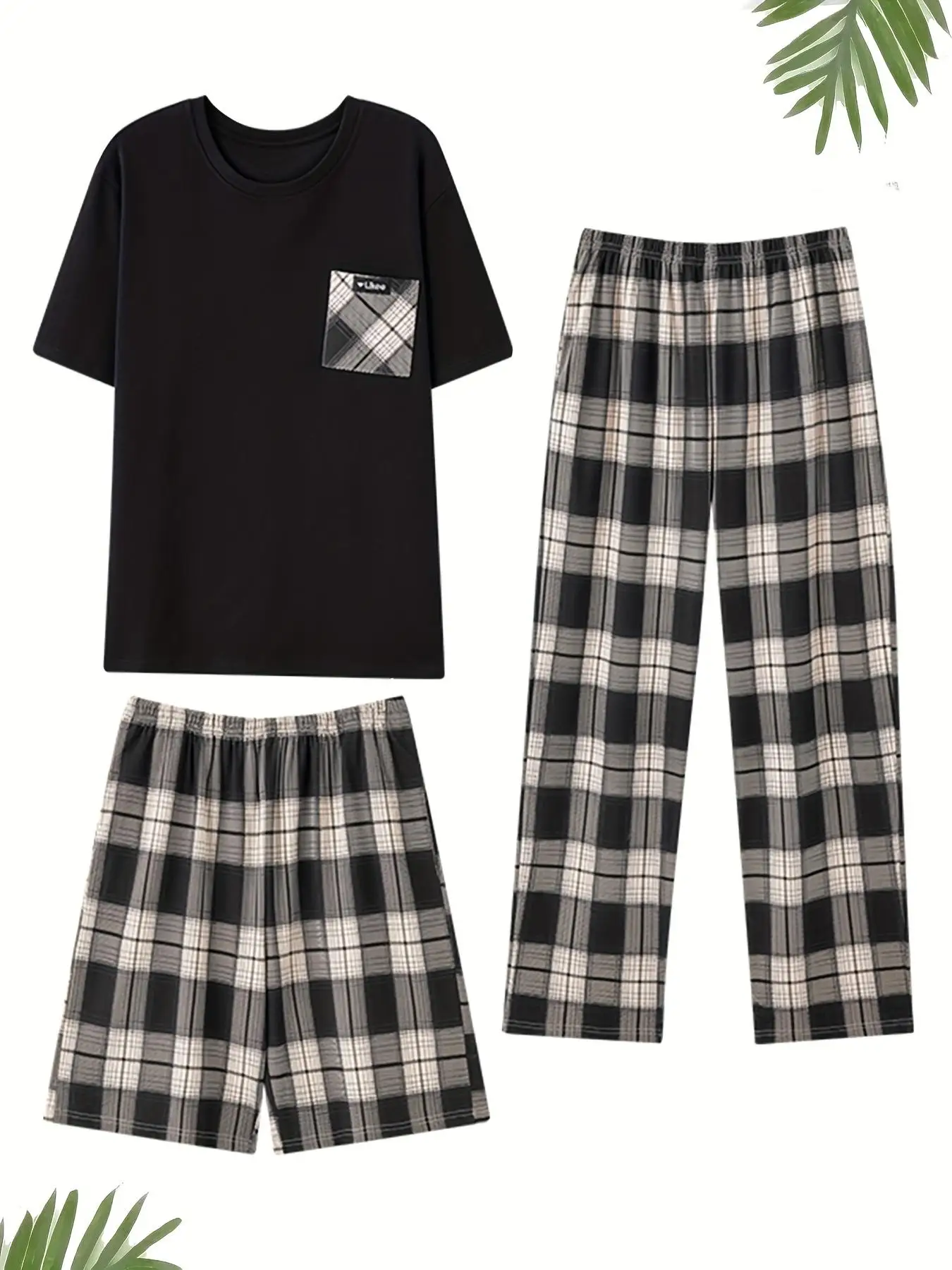 

3-Piece Men's Plaid Pajama Set - Short Sleeve Shirt + Pants + Shorts | All-Season Comfort Sleepwear