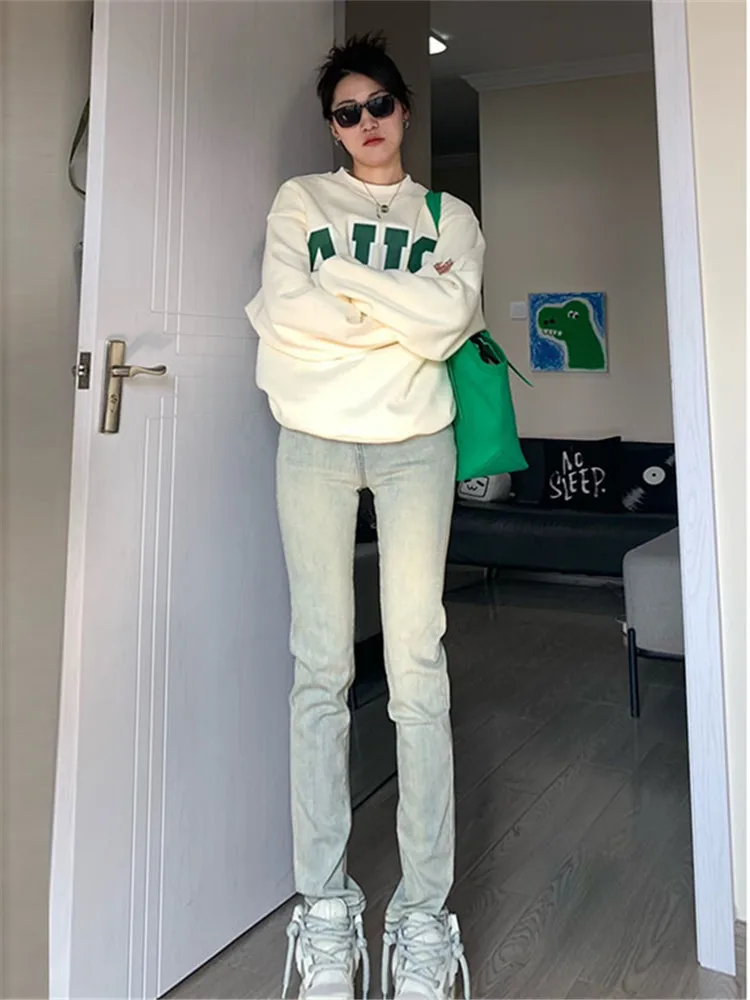 

Retro American High Street Yellow Clay Dye Stretchy Women's Jeans High Waist Straight Leg Long Tube Pants Autumn Fashion