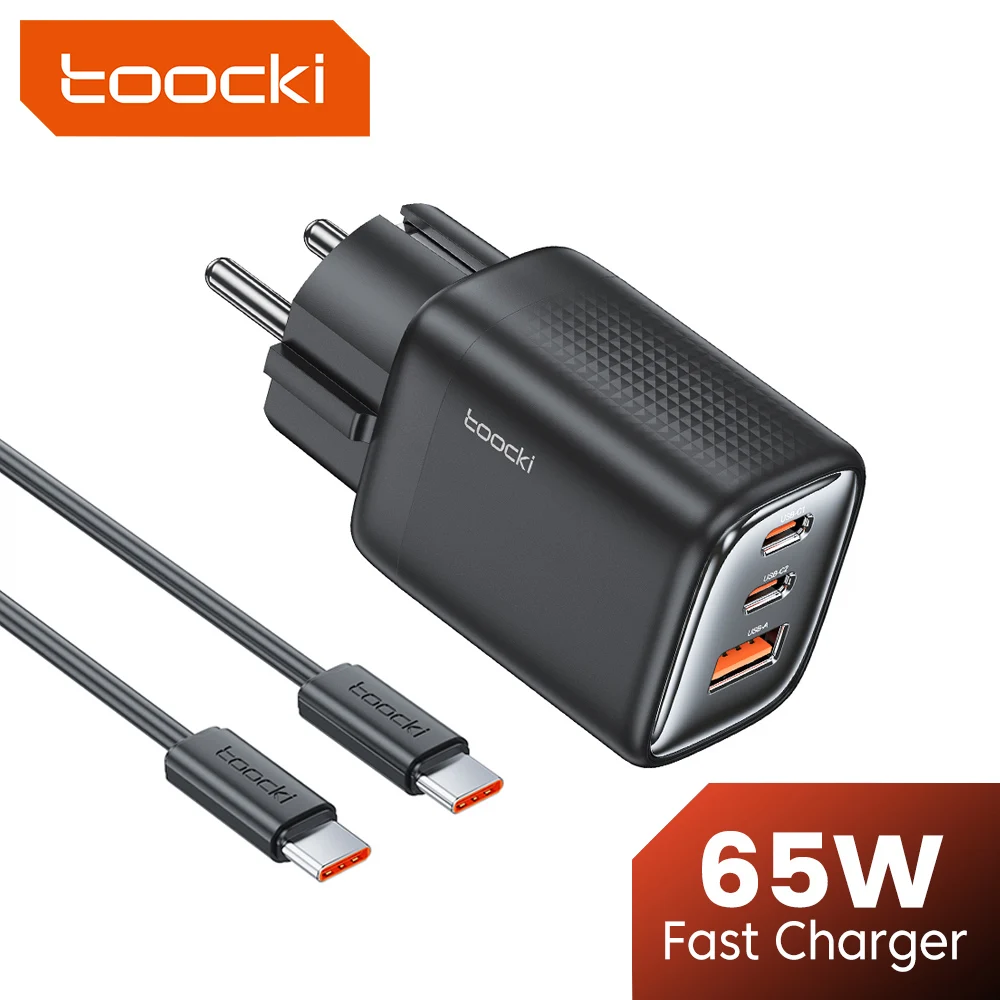Carregador USB Toocki 65W GaN para Samsung iPhone QC PD SFC3.0, Carregador Rápido para Telefone, Adaptador de Viagem com Cabo USB C de 1M