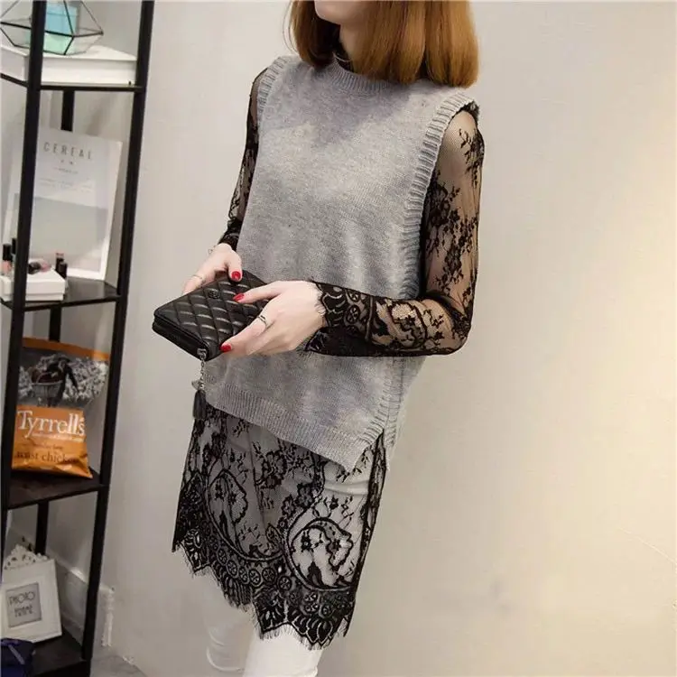 

Hot Sale New Large Size Women's Lace Hook Flower Hollow out Dress Transparent Versatile Mid-Length Long Sleeve Base Shirt