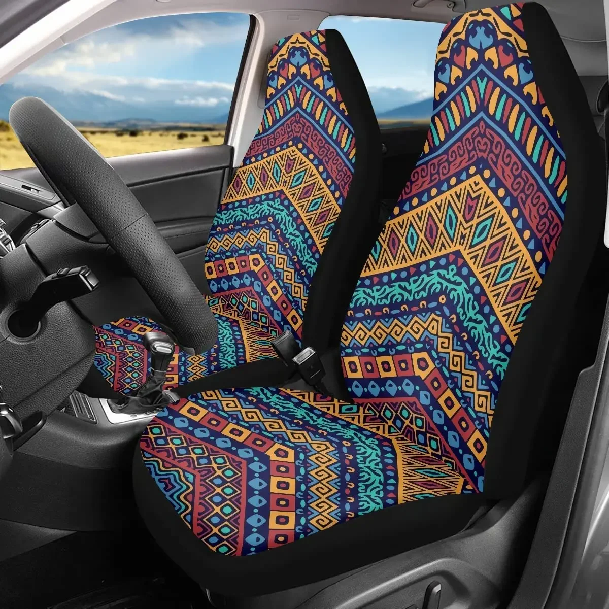 Boho Style Colorful African Ethnic Tribal Geometric Universal Car Seat Cover Front Seats Soft Durable Bucket Seats Protector