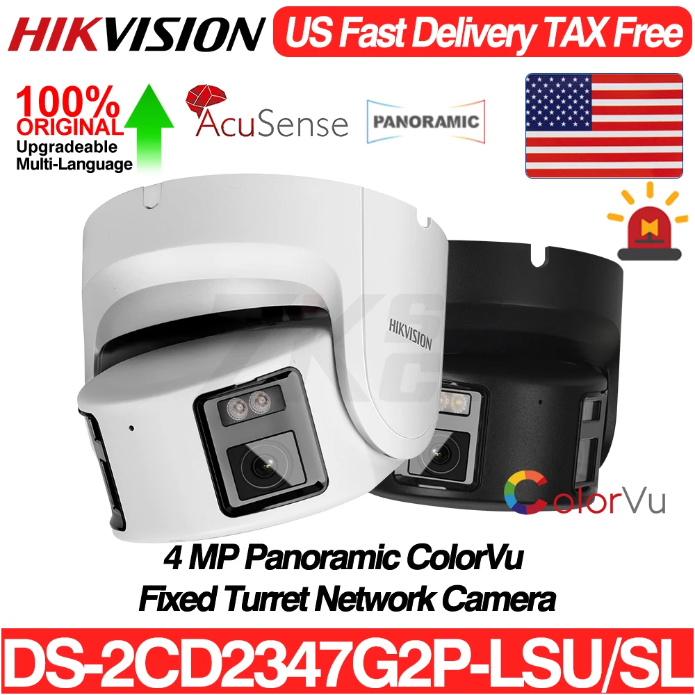 

Hikvision DS-2CD2347G2P-LSU/SL 4MP Dual Lens Panoramic ColorVu Turret IP Camera Acusense Strobe Light Audible Alarm 2-Way Audio