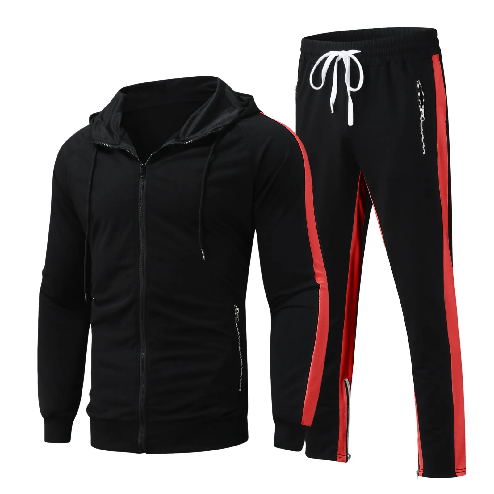 Men's Casual Top And Pants Sets Color Blocking Zipper Hooded Sweatershirts And Mid-waist Trouser Two Piece Suits With Pockets