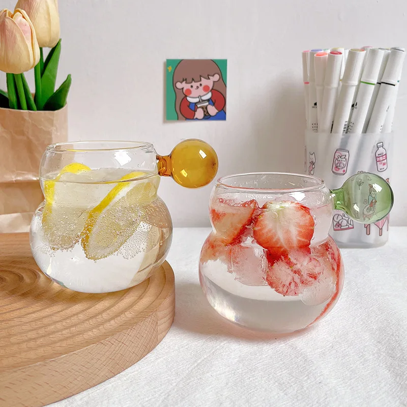 Cute Gourd Shape High Borosilicate Glass Single Layer Cup with Spherical Handle for Household Use Cold Drink Juice Mug