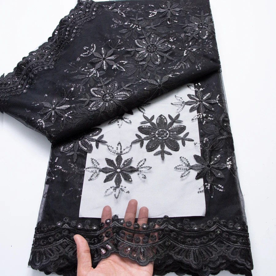 Black African Tulle Lace Fabric 2026 High Quality Nigerian Luxury Sequins Mesh Lace Fabric 5 Yard Wedding Dress for Women Sewing