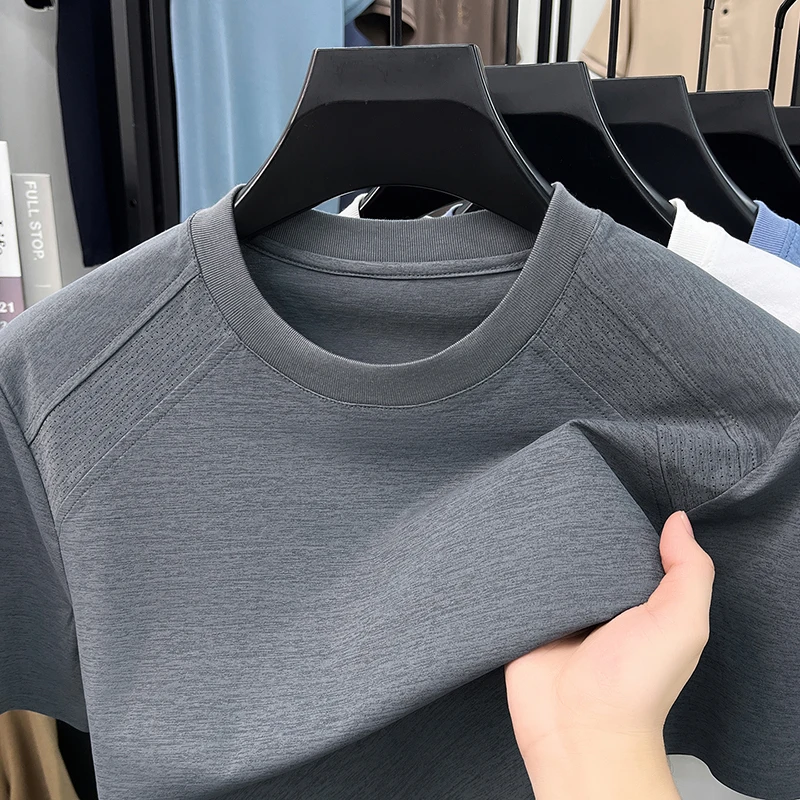 Summer New Style Men's Quick-Drying Mesh Fabric Round-neck Plaid Short-Sleeved Casual Breathable Base