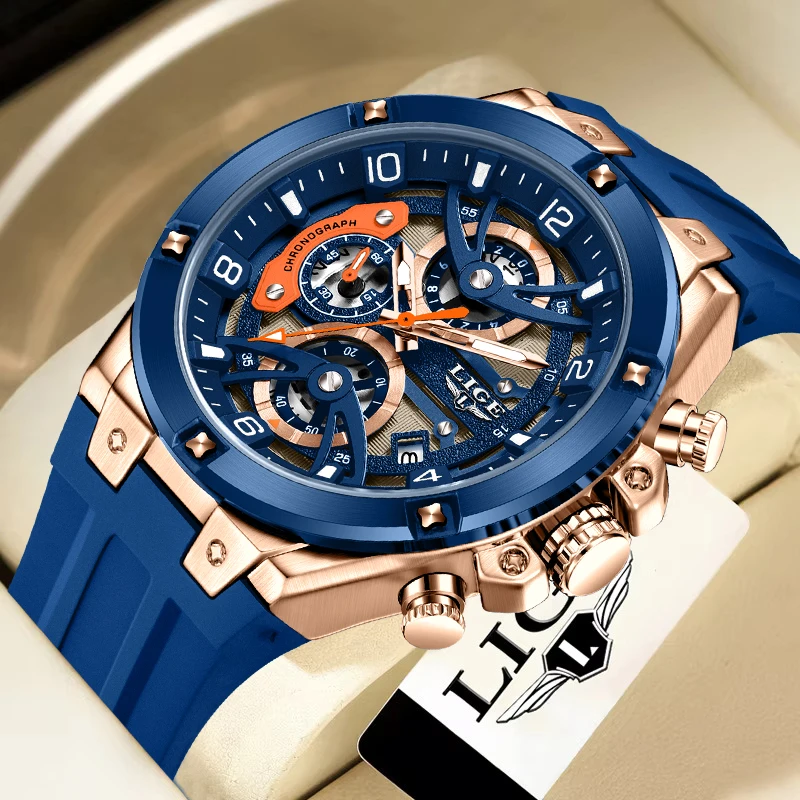 LIGE ファッション高級腕時計シンプルなダイヤル中空クラシックカジュアルスポーツトップブランド防水自動日付シリコーンクォーツマン腕時計