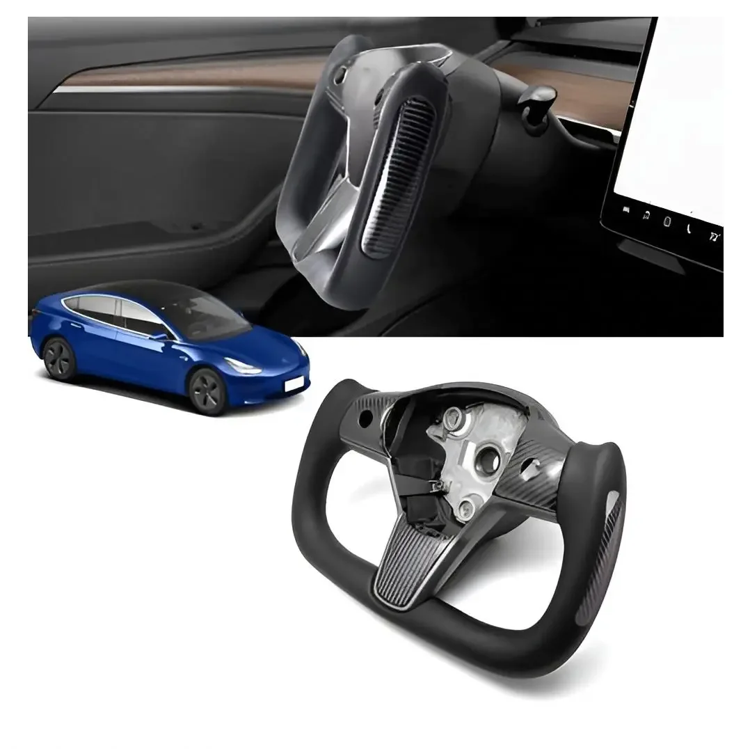 Black Leather Carbon Fiber Steering Wheel Sport Racing Fits for Teslas  Model 3