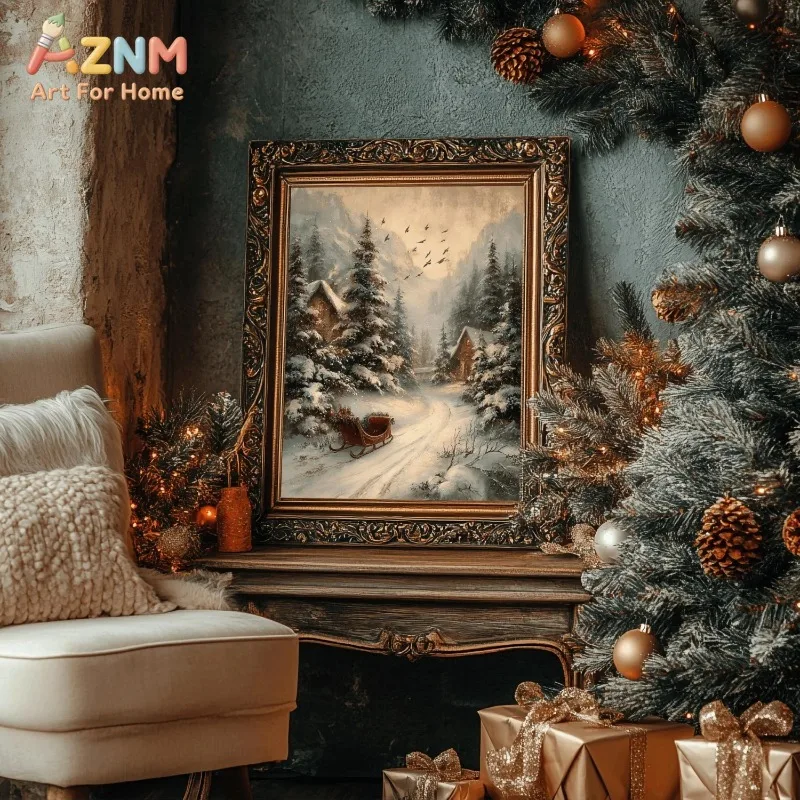 Vintage Winter Snowy Mountain Canvas Wall Art Sleigh Forest Scene Rustic Christmas Holiday Wall Print Unframed Canvas Poster