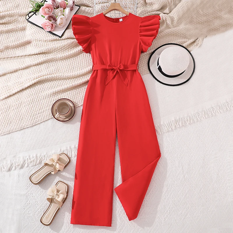 

Красный летний комбинезон для девочек 13-16 лет, без рукавов, с рюшами на манжетах и широкими штанинами, с поясом, повседневная подростковая одежда