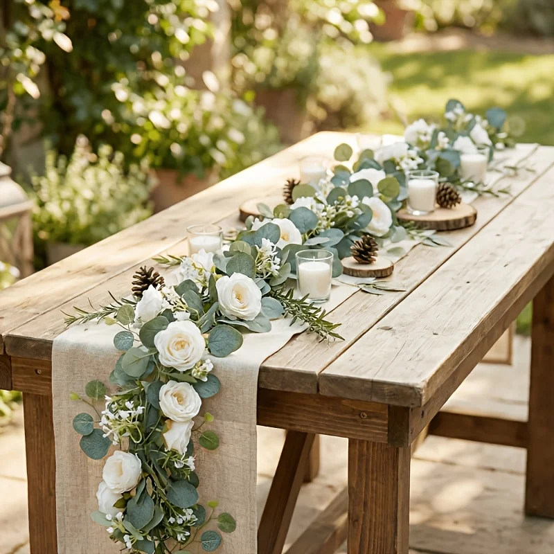 1 paquete de ramos de flores artificiales de eucalipto y en forma de rosa, flores artificiales realistas y guirnaldas de follaje, adecuados para arcos de boda, centros de mesa, decoraciones para fiestas en casa, decoraciones para fiestas rústicas y son adecuados tanto para uso en interiores como en exteriores.