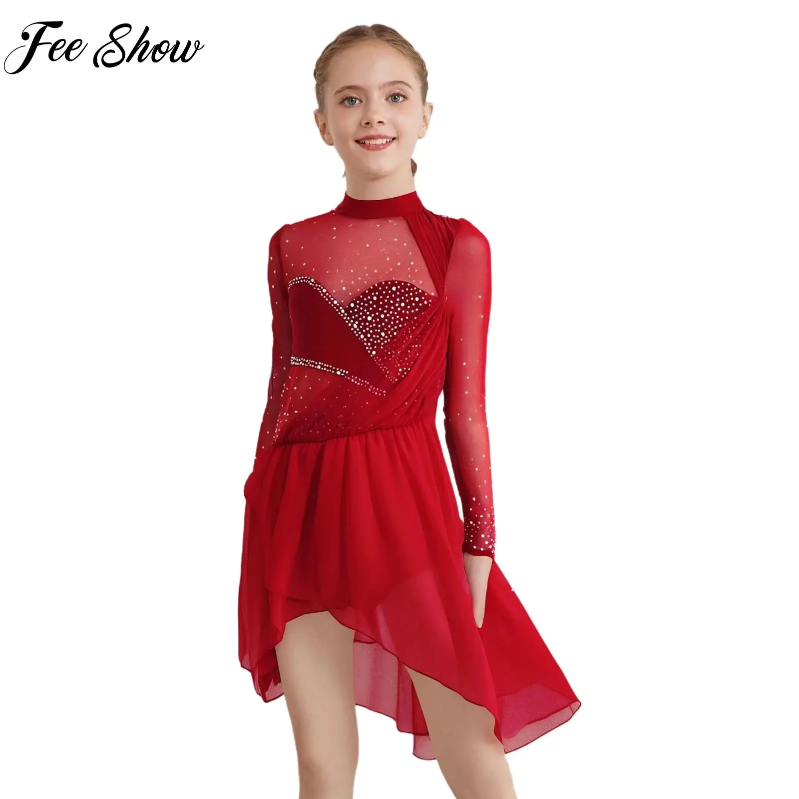 Kids Girls Glittery Rhinestone Lyrical Figure Skating Dress Gymnastics Contemporary Dance Costume Ballerina Tutu Dress Dancewear