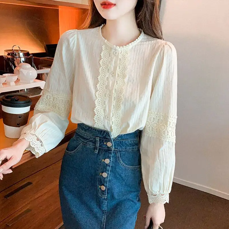 Womens Loose Lace Long Sleeve Shirt Elegant Minimalist Sweet Style Blouse Spring 2026