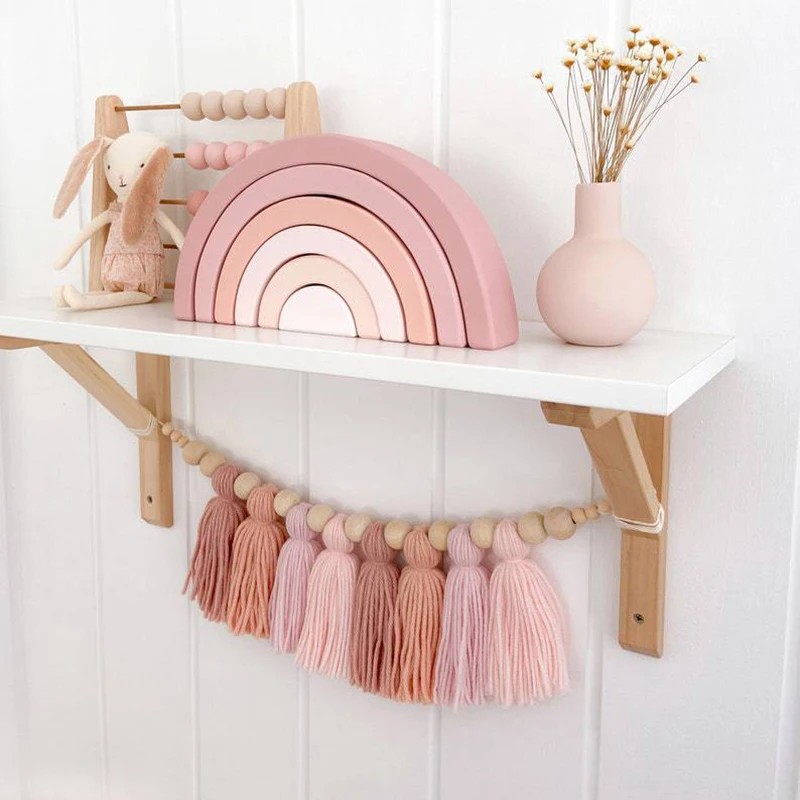 

Nordic Macaron Yarn Tassel Hanging Decoration Wooden Bead String Wall Craft Home Decor Pendant Nursery Tent Ornament Photo Props