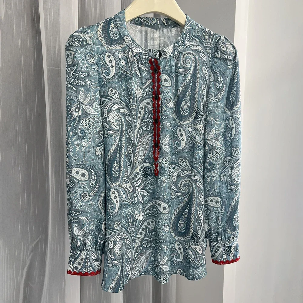 

Blue Flower Graphic Print Shirt for Women Long Sleeve Single Breasted Round Neck Fashion Ladies Blouse