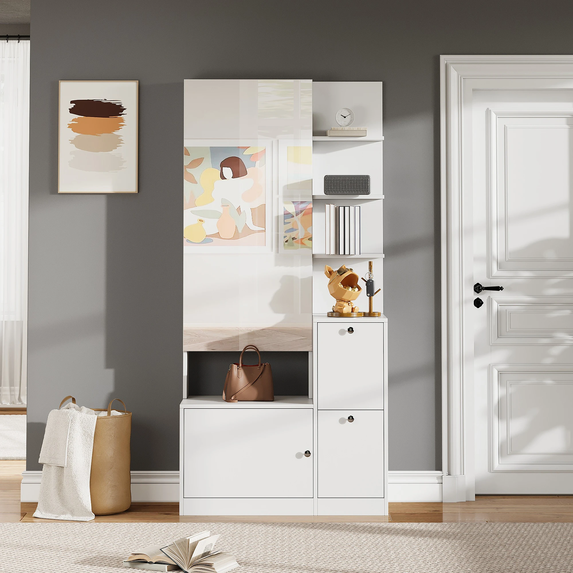 Armoire haute blanche 85x40x180 cm avec miroir et rangement pour chaussures – Meuble de rangement pour couloir, armoire à 2 portes et vitrine à 5 étagères – Gain de place pour entrée ou salon – Robuste, facile à assembler – Moderne et fonctionnel