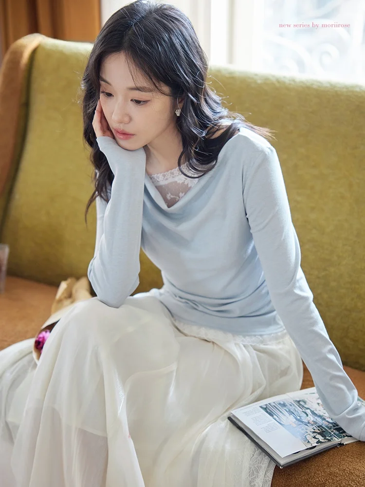 

Moriirose Blue Lace Splice Swing Ne T-irt Women's Autumn Retro Slimming Ele Top Long Sve Pure Color Crew Ne