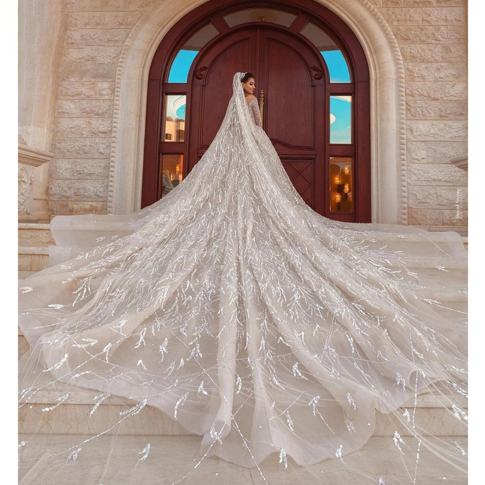 Luxury V Neck Arabia Wedding Dresses Sparkly Glitter Long Sleeve Sequin Beaded Evening Prom Bridal Gowns Court Train Custom Made