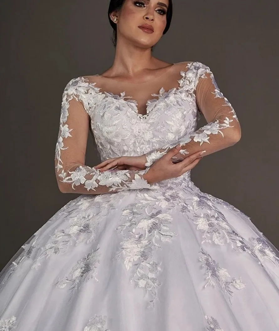 Vintage Puffy Wedding Dress O-Neck Flowers Lace Appliques Full Sleeves Tulle Bridal Dress Bride Gowns Vestido De Novia