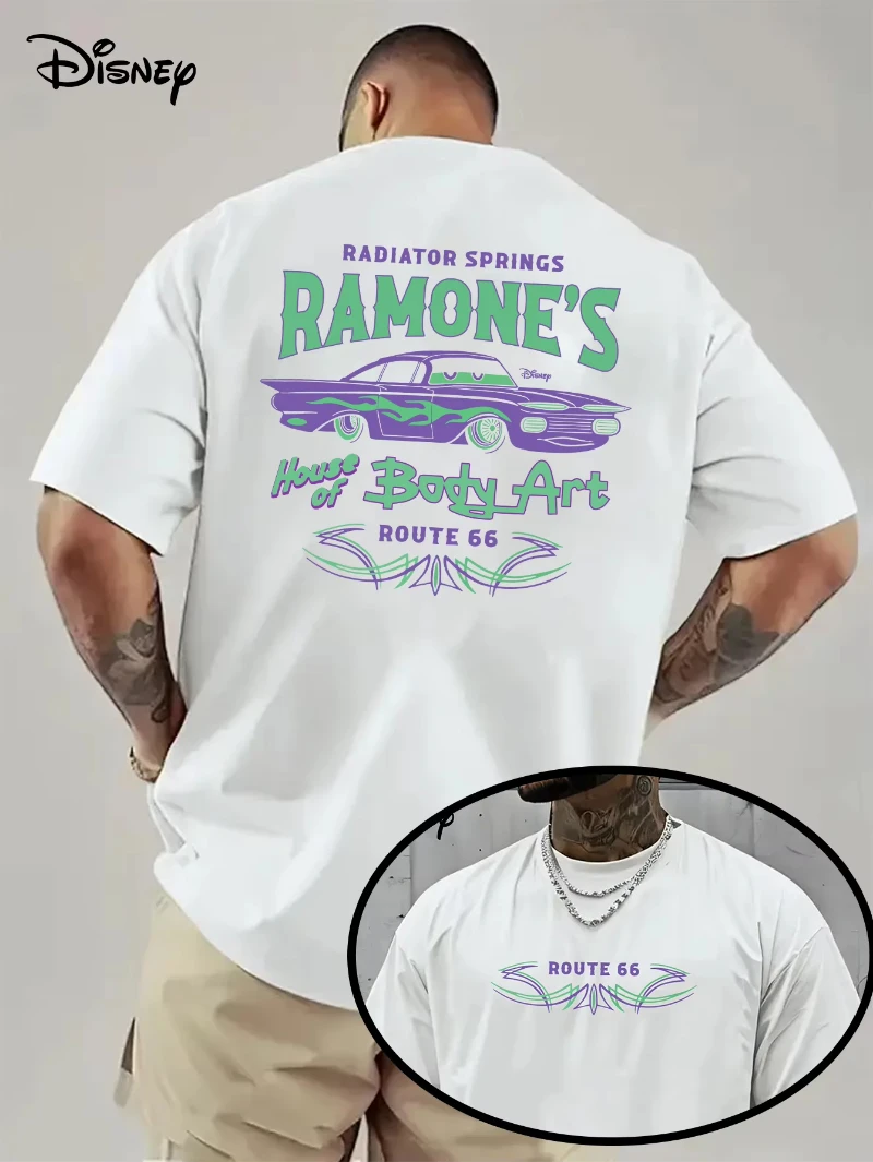 Disney Ramon Route 66 Retro Pattern Round Neck Casual Cotton Loose T-shirt with Bright Neon Design Disney Casual T-shirt