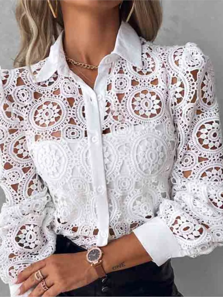 White Lace Patchwork Shirt Blouse Women Spring Summer Unlined Long Sleeve Shirts For Women 2024 Fashion Hollow Out Vintage Tops