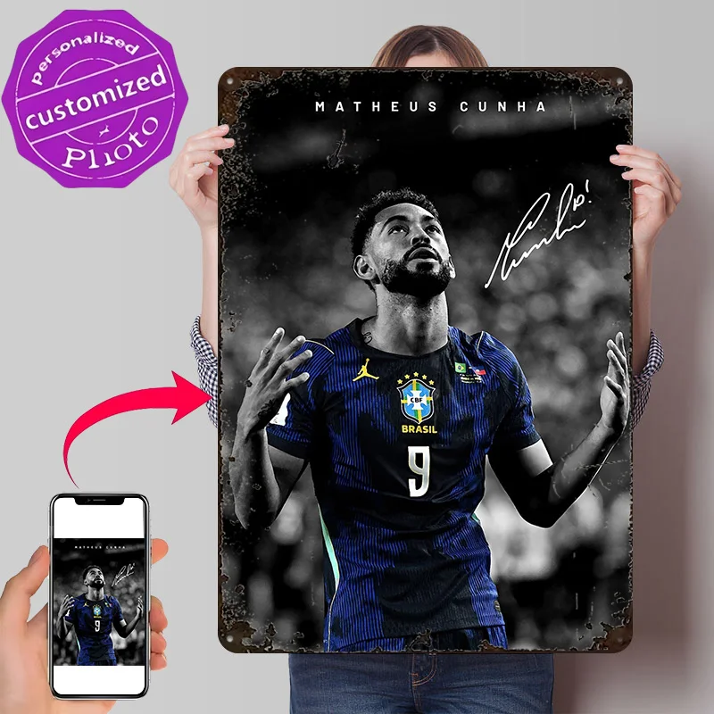 Matheus Cunha Brazil Soccer Jersey Poster Retro 3D Printed Metal Signs Customized Wall Hanging Gift for Modern Home Decoration