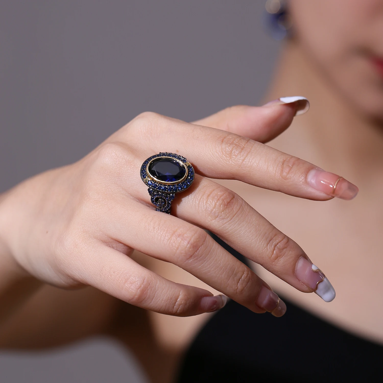 GEM\'S BALLET lab Blue Sapphire Vintage Ring 925 Sterling Silver Handmade Star Moon Element Ring for Women Fine Jewelry
