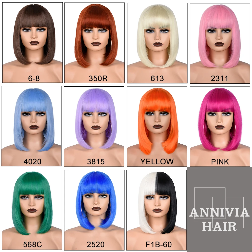 Short Bob Wigs with Bangs Synthetic Straight Bob Wigs for Women Heat Resistant Colorful Halloween Bob Wigs for Daily Party