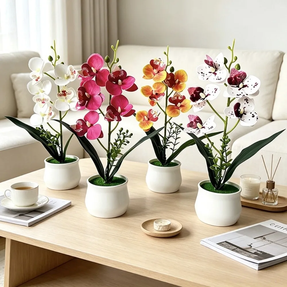 5 Heads Artificial Orchid Potted Flower Pink with White Pot Simulated Flower Butterfly Orchid Potted Plastic Multi-Bloom