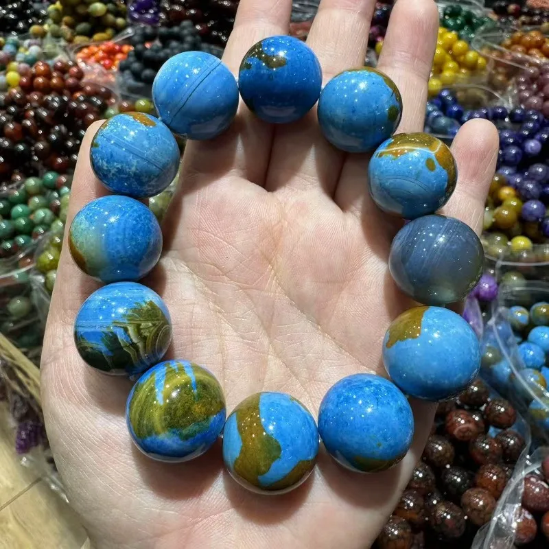 Natural Blue Agate Bracelet with Large Earth Colored Vintage Drum Beads Planet Starry Sky Pattern Stone Beads Spiritual Jewelry