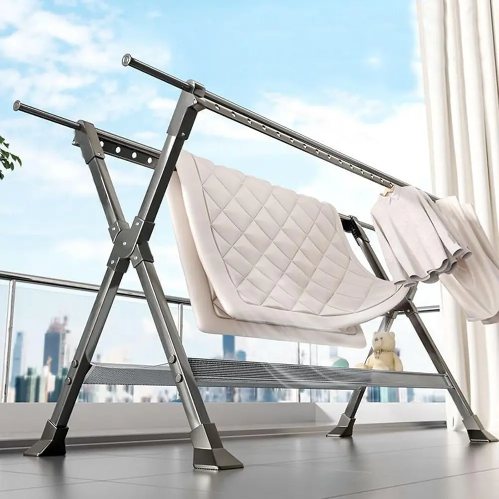 

Adjustable Folding Laundry Drying Rack, Outdoor/Indoor, 130cm, Heavy-Duty with 42 Anti-Wind Hooks and Mesh